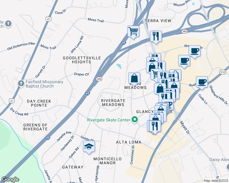 map of restaurants, bars, coffee shops, grocery stores, and more near 136 Cobblestone Place Drive in Goodlettsville