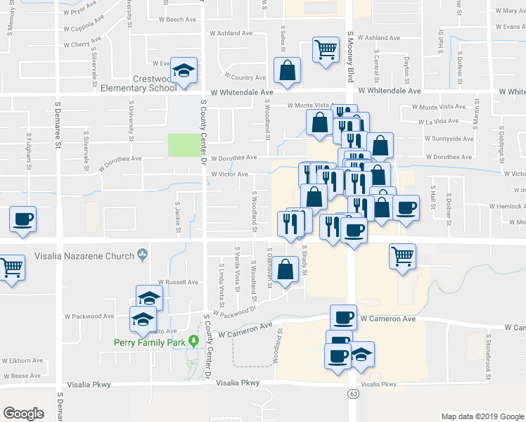 map of restaurants, bars, coffee shops, grocery stores, and more near 2531 West Hemlock Court in Visalia