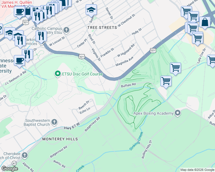 map of restaurants, bars, coffee shops, grocery stores, and more near 715 Magnolia Avenue Extension in Johnson City