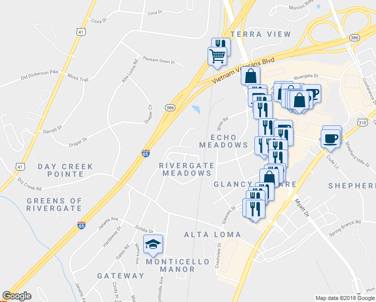 map of restaurants, bars, coffee shops, grocery stores, and more near 134 Cobblestone Place Drive in Goodlettsville