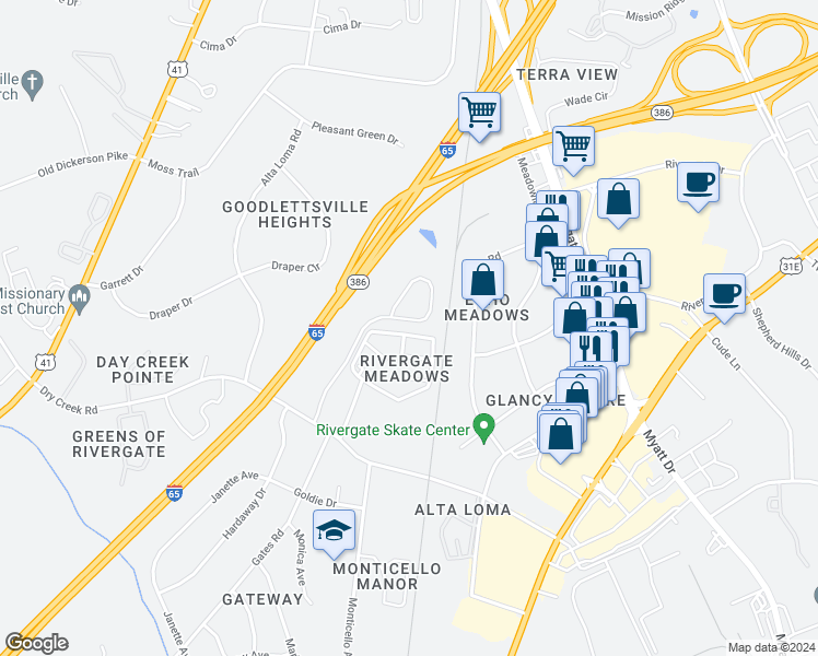 map of restaurants, bars, coffee shops, grocery stores, and more near 132 Cobblestone Place Drive in Goodlettsville