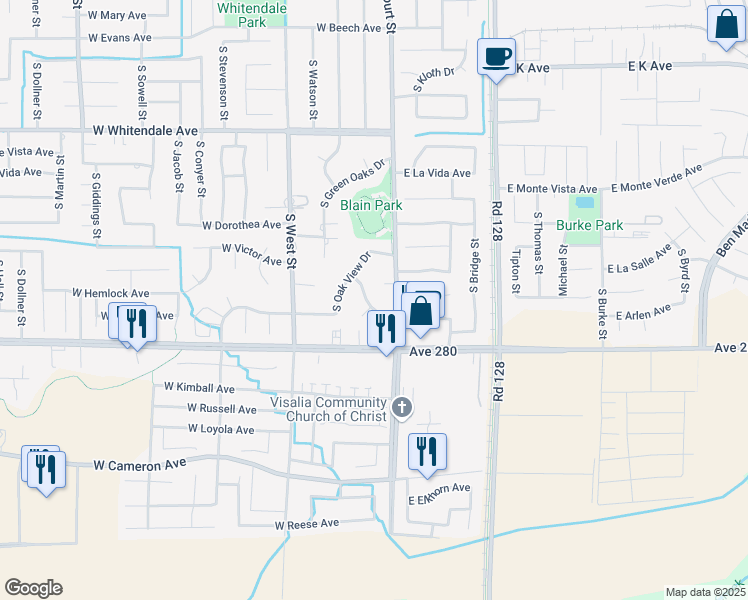 map of restaurants, bars, coffee shops, grocery stores, and more near 200 West Westwood Avenue in Visalia