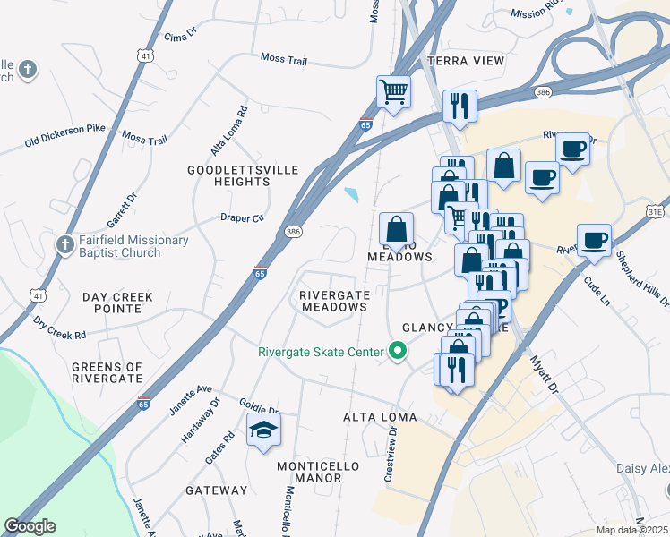 map of restaurants, bars, coffee shops, grocery stores, and more near 130 Cobblestone Place Drive in Goodlettsville