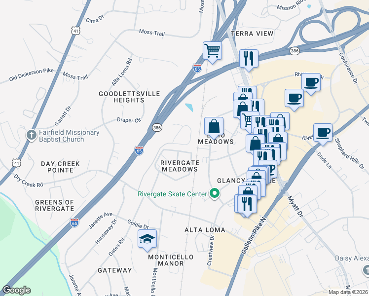 map of restaurants, bars, coffee shops, grocery stores, and more near 154 Cobblestone Place Drive in Goodlettsville