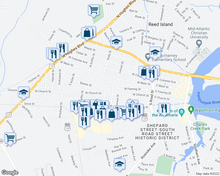 map of restaurants, bars, coffee shops, grocery stores, and more near 705 Baxter Street in Elizabeth City