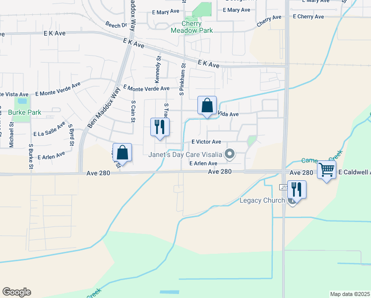 map of restaurants, bars, coffee shops, grocery stores, and more near 3417 Irma Street in Visalia