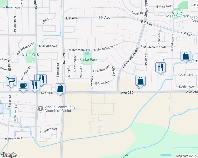 map of restaurants, bars, coffee shops, grocery stores, and more near 1001 East Chestnut Court in Visalia