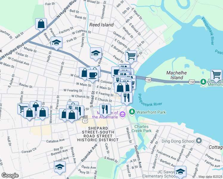 map of restaurants, bars, coffee shops, grocery stores, and more near 100 South Martin Street in Elizabeth City