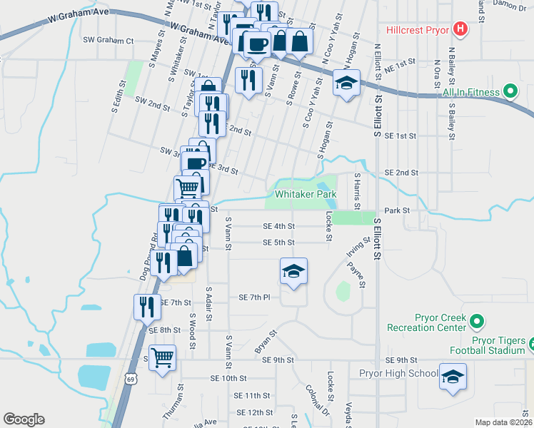 map of restaurants, bars, coffee shops, grocery stores, and more near 328 Park Street in Pryor