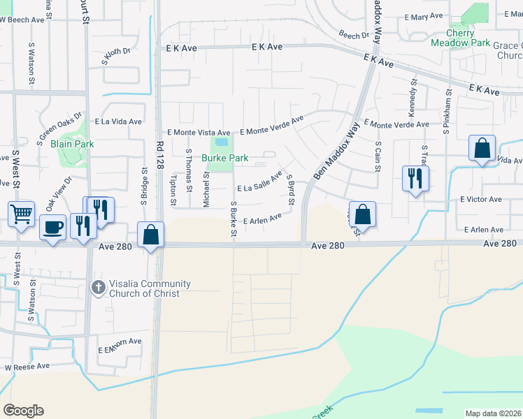 map of restaurants, bars, coffee shops, grocery stores, and more near 1001 East Chestnut Court in Visalia