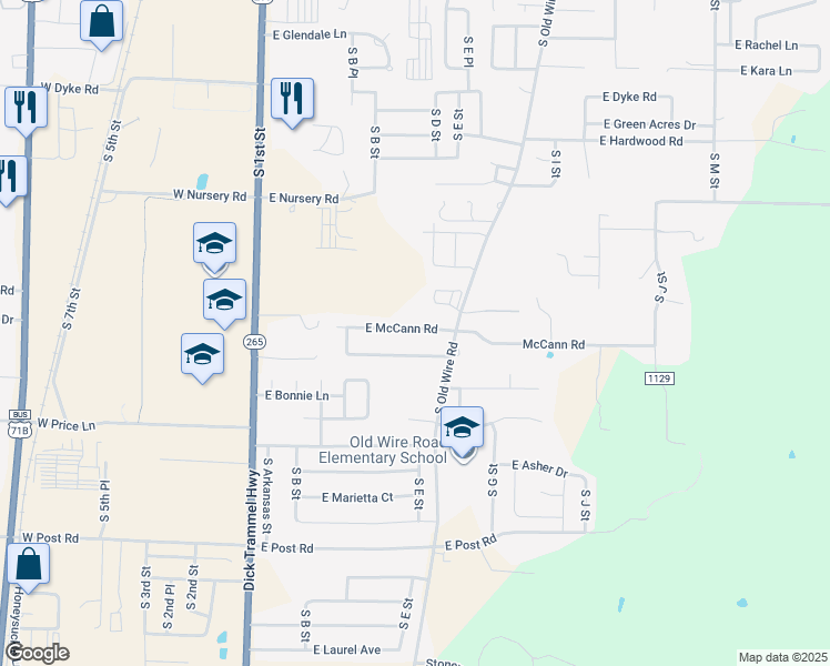 map of restaurants, bars, coffee shops, grocery stores, and more near 428 East McCann Road in Rogers