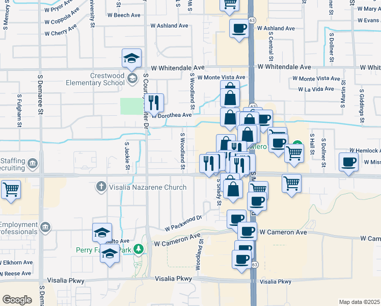 map of restaurants, bars, coffee shops, grocery stores, and more near 2531 West Hemlock Court in Visalia