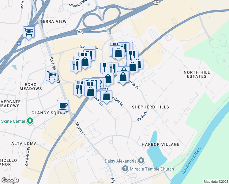 map of restaurants, bars, coffee shops, grocery stores, and more near 31 Shepherd Hills Drive in Nashville