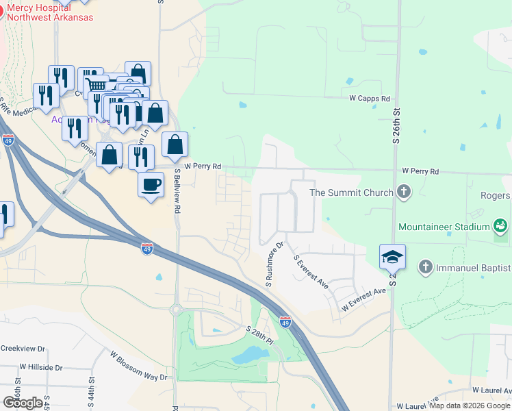 map of restaurants, bars, coffee shops, grocery stores, and more near 2521 South Horizon Boulevard in Rogers