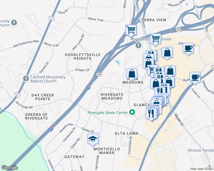 map of restaurants, bars, coffee shops, grocery stores, and more near 108 Cobblestone Place Drive in Goodlettsville