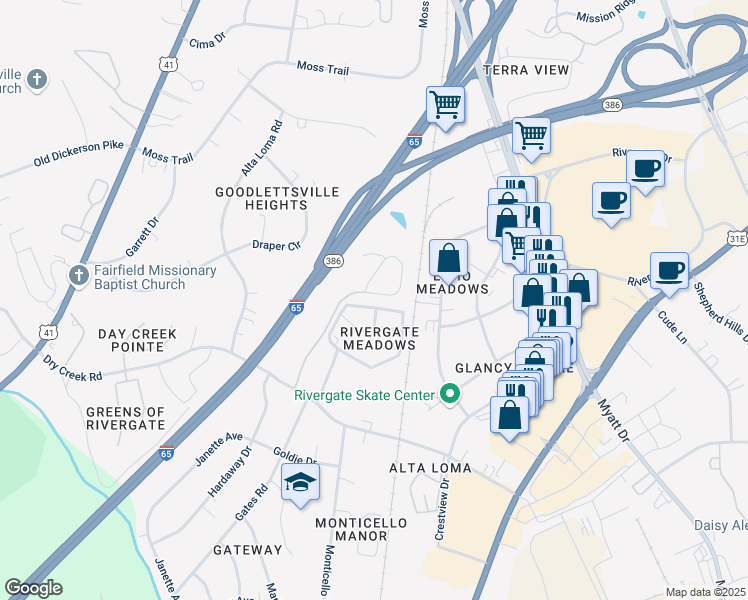 map of restaurants, bars, coffee shops, grocery stores, and more near 108 Cobblestone Place Drive in Goodlettsville