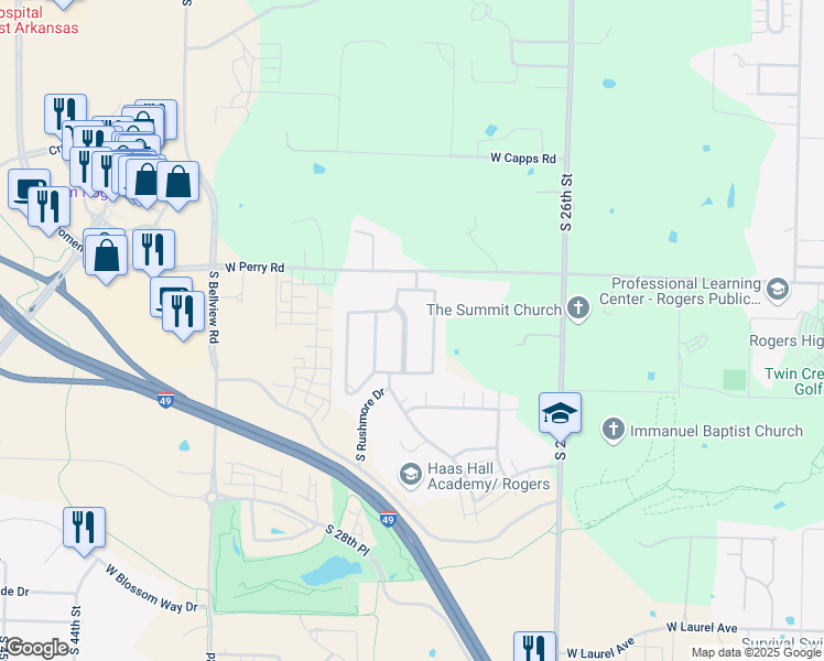 map of restaurants, bars, coffee shops, grocery stores, and more near 2307 South The Peaks Boulevard in Rogers