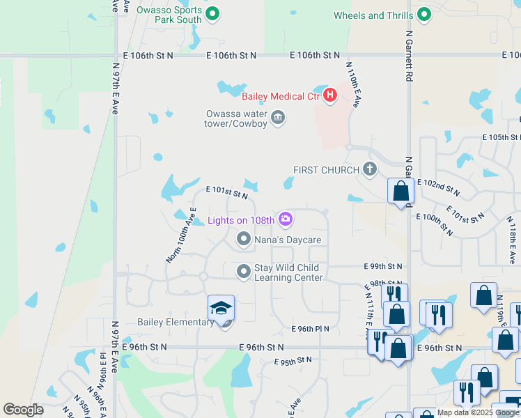 map of restaurants, bars, coffee shops, grocery stores, and more near 10009 North 103rd East Avenue in Owasso