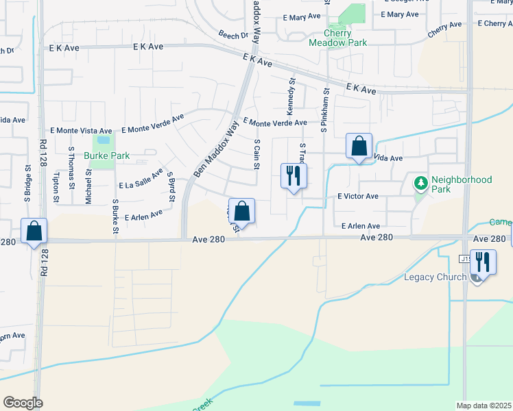 map of restaurants, bars, coffee shops, grocery stores, and more near 1647 Dorothea Avenue in Visalia