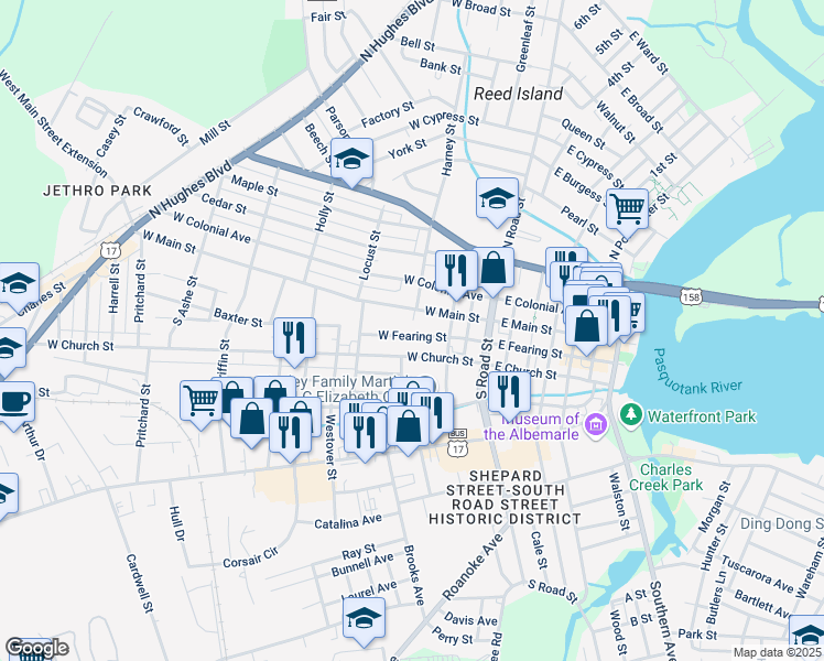 map of restaurants, bars, coffee shops, grocery stores, and more near 316 West Fearing Street in Elizabeth City