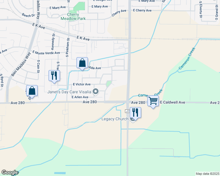 map of restaurants, bars, coffee shops, grocery stores, and more near 3340 Villa Street in Visalia