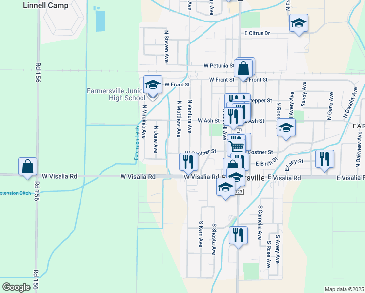 map of restaurants, bars, coffee shops, grocery stores, and more near 321 N Matthew Ave in Farmersville