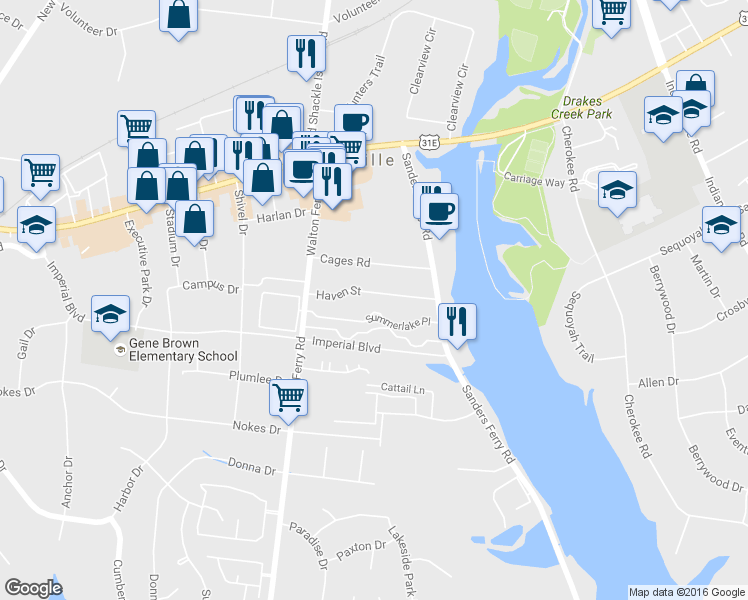 map of restaurants, bars, coffee shops, grocery stores, and more near 117 Haven Street in Hendersonville