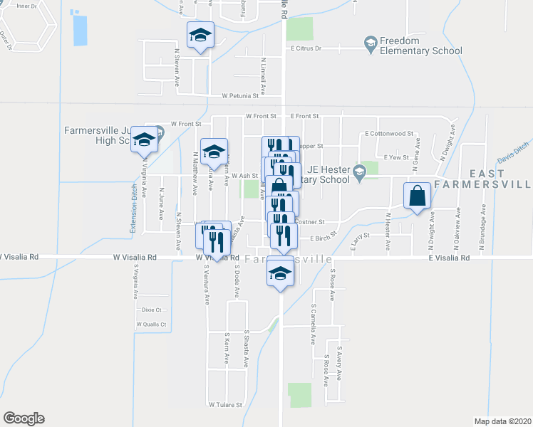 map of restaurants, bars, coffee shops, grocery stores, and more near 340 North Linnell Avenue in Farmersville