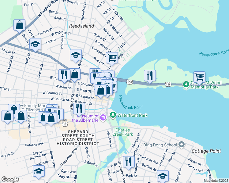 map of restaurants, bars, coffee shops, grocery stores, and more near 106 South Water Street in Elizabeth City