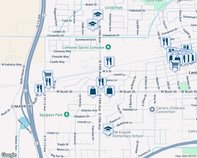 map of restaurants, bars, coffee shops, grocery stores, and more near 175 South 19th Avenue in Lemoore