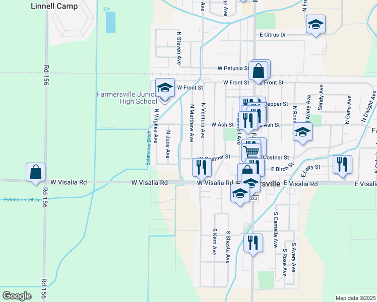 map of restaurants, bars, coffee shops, grocery stores, and more near 321 North Matthew Avenue in Farmersville