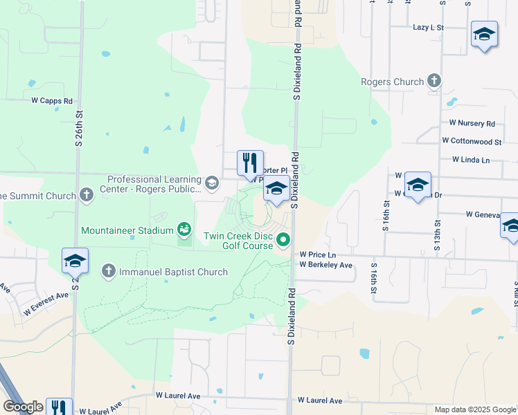 map of restaurants, bars, coffee shops, grocery stores, and more near 2300 South Dixieland Road in Rogers