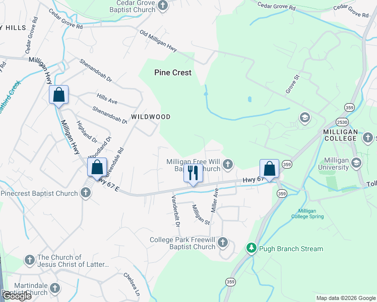 map of restaurants, bars, coffee shops, grocery stores, and more near 125 Unaka View Road in Johnson City