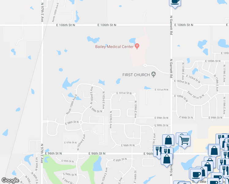 map of restaurants, bars, coffee shops, grocery stores, and more near 10701 East 101st Street North in Owasso