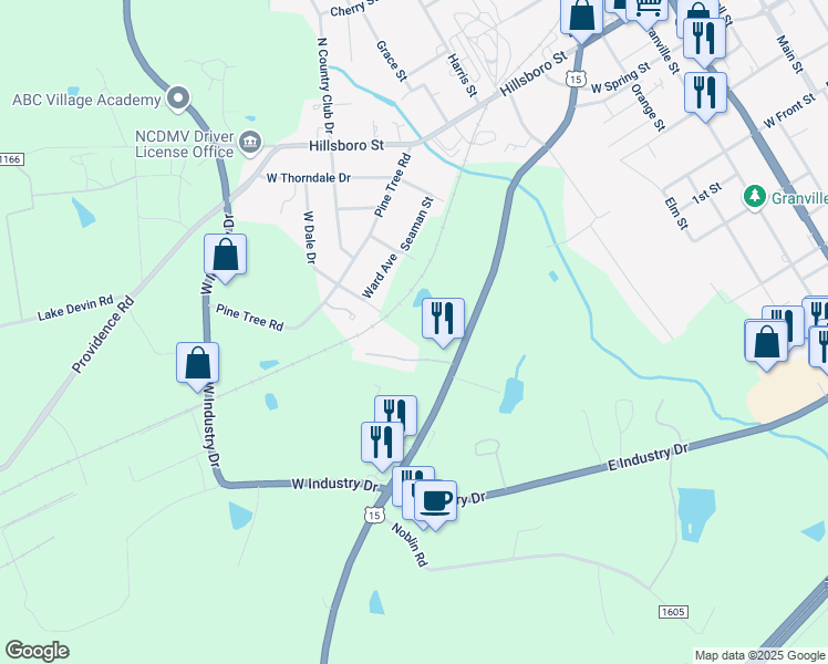 map of restaurants, bars, coffee shops, grocery stores, and more near 4536 US Highway 158 in Oxford