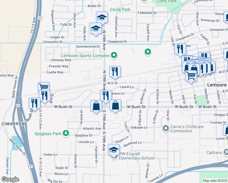 map of restaurants, bars, coffee shops, grocery stores, and more near 1155 Laurel Lane in Lemoore