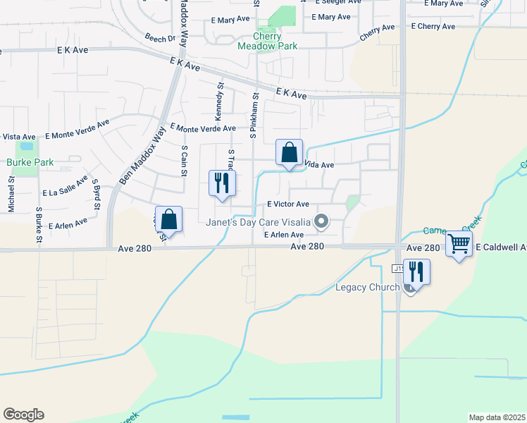 map of restaurants, bars, coffee shops, grocery stores, and more near 3417 Irma Street in Visalia