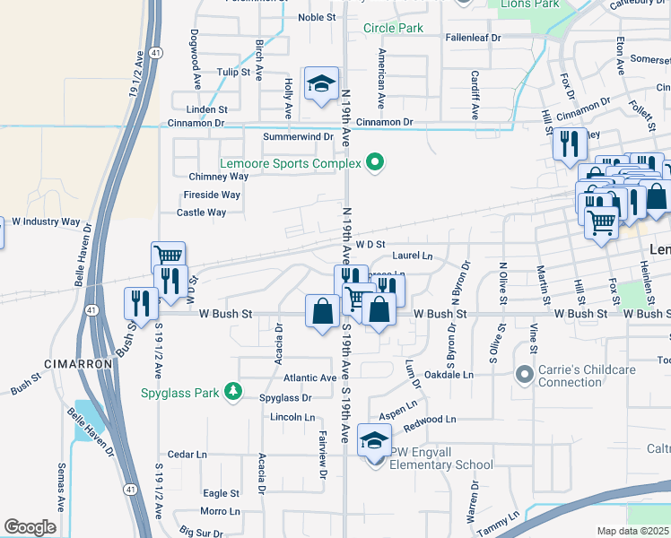 map of restaurants, bars, coffee shops, grocery stores, and more near 175 South 19th Avenue in Lemoore
