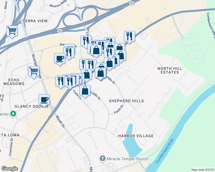 map of restaurants, bars, coffee shops, grocery stores, and more near 94 Twin Hills Drive in Nashville