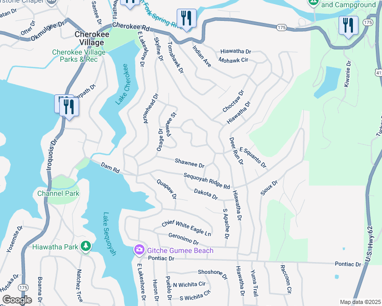 map of restaurants, bars, coffee shops, grocery stores, and more near in Cherokee Village