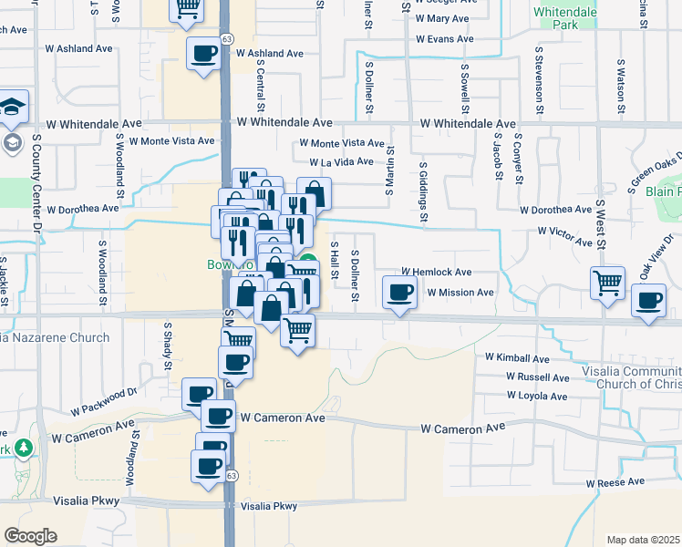 map of restaurants, bars, coffee shops, grocery stores, and more near 3410 S Hall St in Visalia