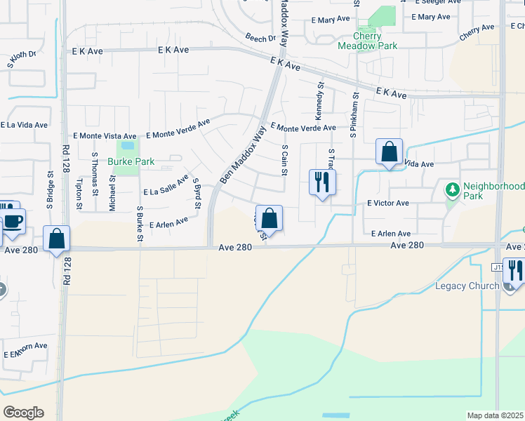 map of restaurants, bars, coffee shops, grocery stores, and more near Stover St in Visalia