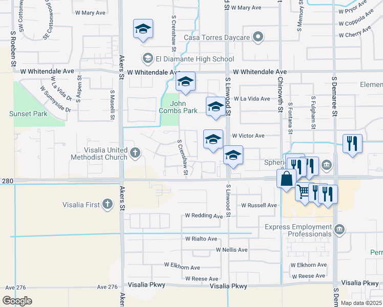map of restaurants, bars, coffee shops, grocery stores, and more near 4700 West Caldwell Avenue in Visalia