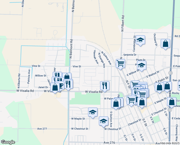 map of restaurants, bars, coffee shops, grocery stores, and more near North Albert Avenue in Exeter