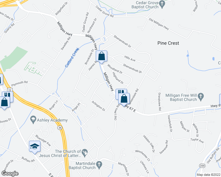 map of restaurants, bars, coffee shops, grocery stores, and more near 1306 Milligan Highway in Johnson City