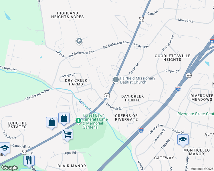 map of restaurants, bars, coffee shops, grocery stores, and more near 65 Rolling Meadows Drive in Goodlettsville