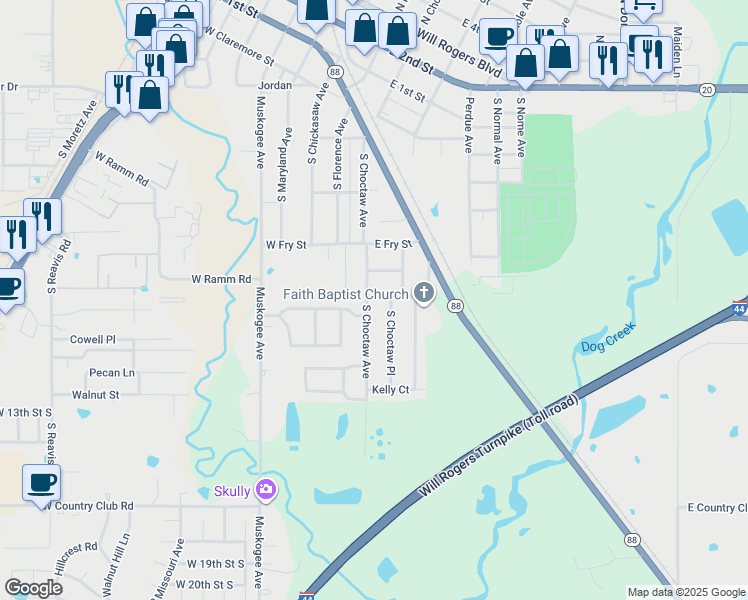 map of restaurants, bars, coffee shops, grocery stores, and more near 900 South Choctaw Avenue in Claremore