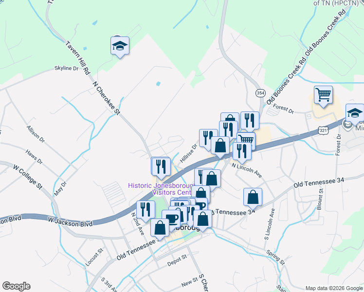 map of restaurants, bars, coffee shops, grocery stores, and more near 409 Hillrise Drive in Jonesborough