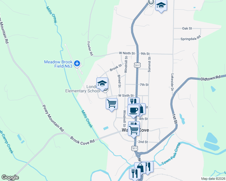 map of restaurants, bars, coffee shops, grocery stores, and more near 608 Hairston Street in Walnut Cove
