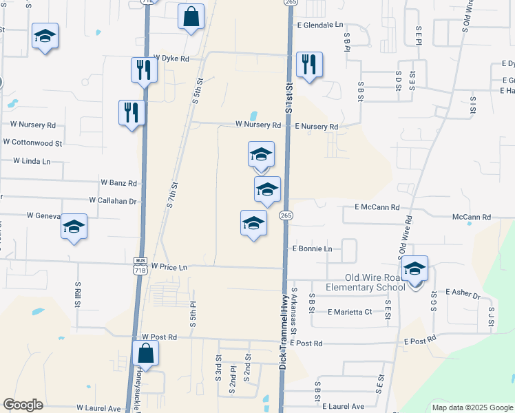 map of restaurants, bars, coffee shops, grocery stores, and more near 2926 South 1st Street in Rogers